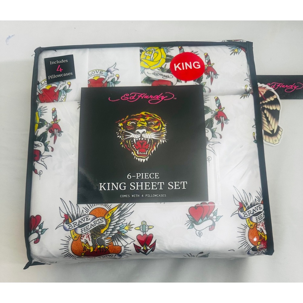 Ed Hardy King Sheet Set 6 Pc Tattoo Eagle Heart Rose New Y2K Revival Home Decor